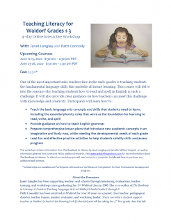 Flyer for upcoming workshops of Teaching Literacy in Waldorf Grades 1-3 Level 1